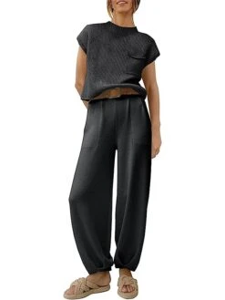 Women's Knit Lounge Sets Top And High Waisted Pants Pure Color Casual Comfort Soft Home Street Daily Polyester Breathable Stand Collar Short Sleeve Sweater Pant Pocket Summer Fall Black Brown 30 Women's Knit Lounge Sets Top And High Waisted Pants Pure Color Casual Comfort Soft Home Street Daily Polyester Breathable Stand Collar Short Sleeve Sweater Pant Pocket Summer Fall Black Brown -Deals The Sexy Bra Store wozobm1689506556862