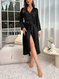 Women's Pajamas Nightgown Nightshirt Dress Pure Color Simple Casual Soft Home Daily Bed Polyester Breathable V Wire Long Sleeve Summer Fall Black Pink -Deals The Sexy Bra Store wpjxbp1689326425397