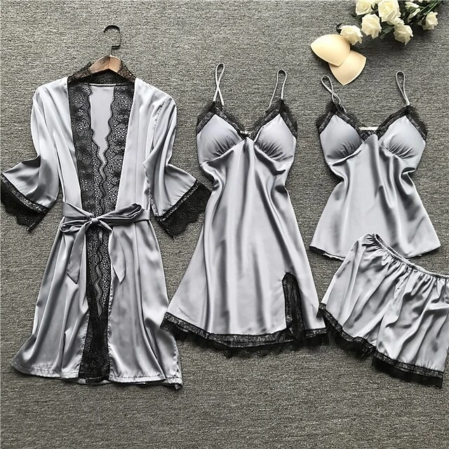 Women's Lace Satin Silk Pajamas Sets 4 Pcs Home Party Daily St.Patrick's Day Elastic Waist Pure Color Satin Simple Casual Soft Strap Top Shorts Fall Winter Spring Strap Short Sleeves Long Sleeve 6 Women's Lace Satin Silk Pajamas Sets 4 Pcs Home Party Daily St.Patrick's Day Elastic Waist Pure Color Satin Simple Casual Soft Strap Top Shorts Fall Winter Spring Strap Short Sleeves Long Sleeve - Image 6