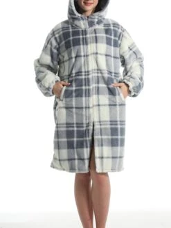 Women's Robe Grid / Plaid Plush Casual Comfort Home Daily Bed Flannel Warm Breathable Hoodie Long Sleeve Pocket Fall Winter Gray -Deals The Sexy Bra Store wpybpo1695373709458