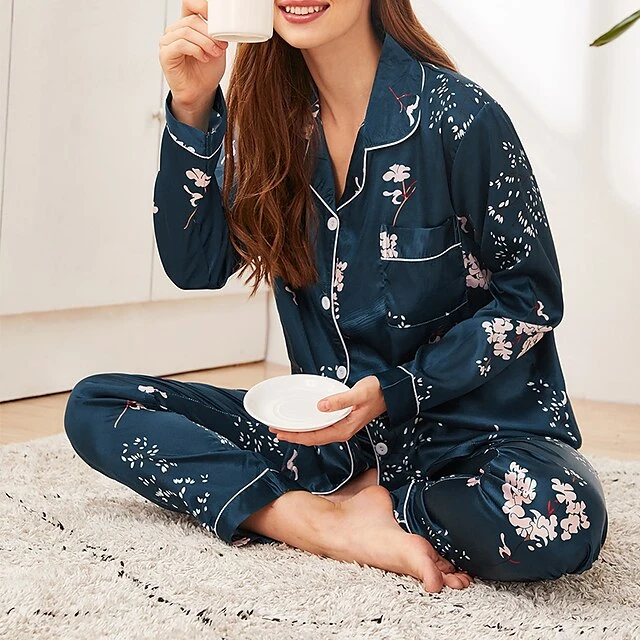 Women's Pajamas Sets Pjs 2 Pieces Flower Simple Hot Comfort Party Home Daily Satin Lapel Long Sleeve Shirt Pant Elastic Waist Fall Spring 6003 6020 12 Women's Pajamas Sets Pjs 2 Pieces Flower Simple Hot Comfort Party Home Daily Satin Lapel Long Sleeve Shirt Pant Elastic Waist Fall Spring 6003 6020 - Image 12