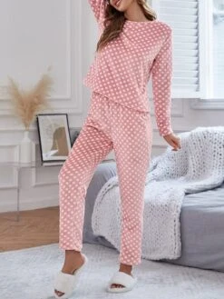 Women's Fleece Pajamas Sets Flannel Warm Dot Warm Fashion Plush Home Daily Bed Breathable Crew Neck Long Sleeve Pant Fall Winter Pink -Deals The Sexy Bra Store wrdhqr1695023631461