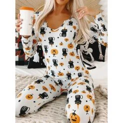 Women's Pajamas Jumpsuit Cat Ghost Retro Gothic Punk & Gothic Halloween Carnival Polyester Breathable V Wire Long Sleeve Fall Winter Black White 33 Women's Pajamas Jumpsuit Cat Ghost Retro Gothic Punk & Gothic Halloween Carnival Polyester Breathable V Wire Long Sleeve Fall Winter Black White -Deals The Sexy Bra Store wtegfe1692257152791