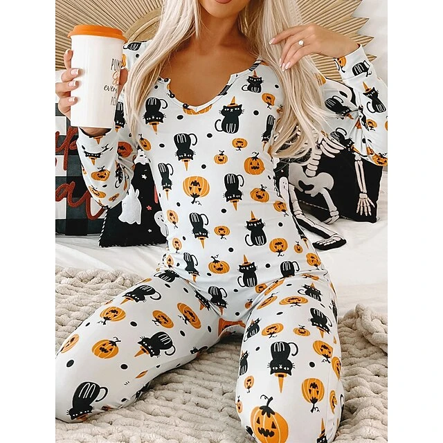 Women's Pajamas Jumpsuit Cat Ghost Retro Gothic Punk & Gothic Halloween Carnival Polyester Breathable V Wire Long Sleeve Fall Winter Black White 15 Women's Pajamas Jumpsuit Cat Ghost Retro Gothic Punk & Gothic Halloween Carnival Polyester Breathable V Wire Long Sleeve Fall Winter Black White - Image 15