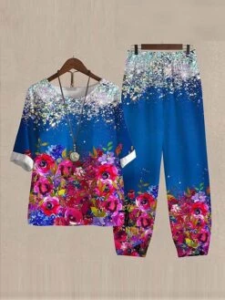 Women's Loungewear Sets Gradient Graphic Prints Fashion Casual Street Date Airport Linen Breathable Crew Neck Half Sleeve T Shirt Tee Pant Summer Spring Yellow Wine -Deals The Sexy Bra Store wtxvnm1679973778065