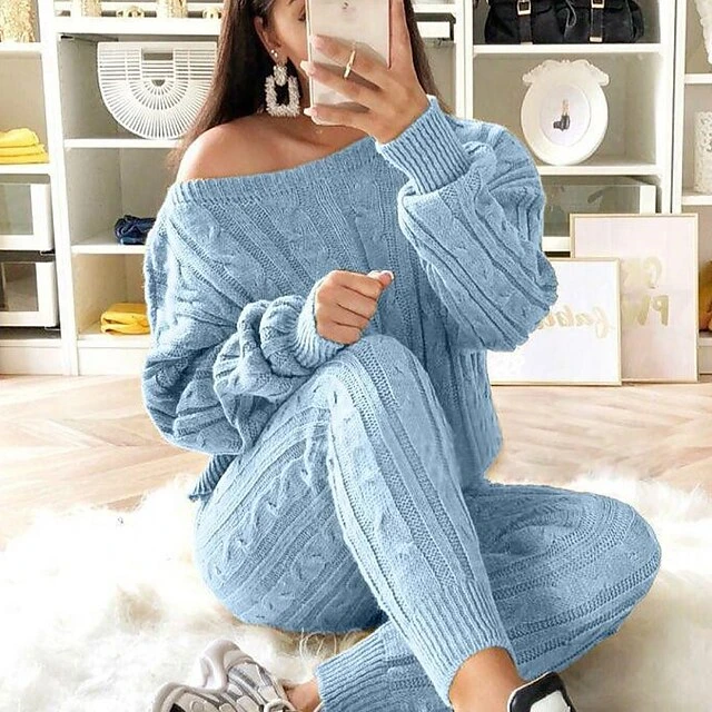 Women's Loungewear Sweatsuit Sets 2 Pieces Pure Color Warm Fashion Sport Home Street Airport Knit Off Shoulder Long Sleeve Sweater Pant Fall Winter Lotus Pink Black 2 Women's Loungewear Sweatsuit Sets 2 Pieces Pure Color Warm Fashion Sport Home Street Airport Knit Off Shoulder Long Sleeve Sweater Pant Fall Winter Lotus Pink Black - Image 2