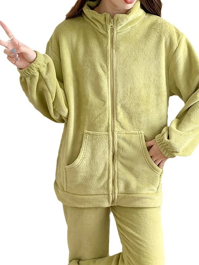 Women's Pajamas Sets Pure Color Warm Fashion Casual Home Daily Bed Flannel Warm Breathable Stand Collar Long Sleeve Cardigan Pant Pocket Fall Winter Purple Green 5 Women's Pajamas Sets Pure Color Warm Fashion Casual Home Daily Bed Flannel Warm Breathable Stand Collar Long Sleeve Cardigan Pant Pocket Fall Winter Purple Green - Image 5