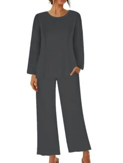 Women's Loungewear Sets Pure Color Simple Casual Comfort Home Daily Bed Polyester Breathable Crew Neck Long Sleeve T Shirt Tee Pant Pocket Fall Winter Black Red -Deals The Sexy Bra Store wyjriw1694072412075