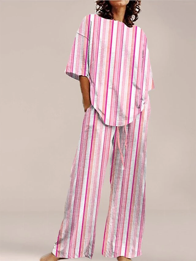 Women's Pajama Top And Pant Heart Stripe Comfort Home Daily Polyester Crew Neck Summer Spring Light Pink White Powder 4 Women's Pajama Top And Pant Heart Stripe Comfort Home Daily Polyester Crew Neck Summer Spring Light Pink White Powder - Image 4