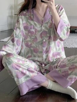 Women's Pajamas Sets Flower Romantic Casual Comfort Home Bed Satin Breathable Lapel Long Sleeve Shirt Pant Button Pocket Fall Winter Purple -Deals The Sexy Bra Store wyqhvn1697161950440