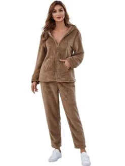 Women's Loungewear Sets Pure Color Maillard Plush Casual Comfort Home Daily Vacation Flannel Warm Hoodie Long Sleeve Cardigan Pant Pocket Fall Winter Khaki -Deals The Sexy Bra Store wzimkg1692182971395