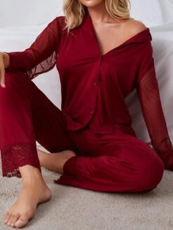 Women's Loungewear Sets Pure Color Fashion Comfort Soft Wedding Party Polyester Breathable Lapel Sleeveless Shirt Pant Button Fall Winter Black Red -Deals The Sexy Bra Store xbesgp1692602323966