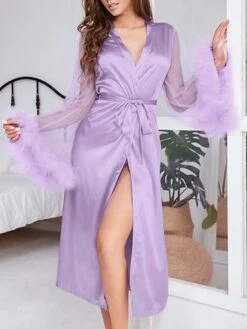 Women's Pajamas Robes Gown Bathrobes Nighty 1 PCS Pure Color Fashion Comfort Satin Home Daily Bed Satin Breathable Gift V Wire Long Sleeve Feather Spring Summer Black Purple