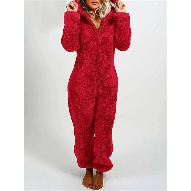 Women's Plus Size Onesie Pajama For Adult Pure Color Warm Fashion Plush Home Christmas DailyWarm Hoodie Long Sleeve Fall Winter Black Red 1 Women's Plus Size Onesie Pajama For Adult Pure Color Warm Fashion Plush Home Christmas DailyWarm Hoodie Long Sleeve Fall Winter Black Red