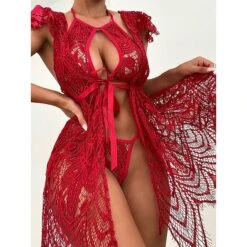 Women's Sexy Lingerie Chemises & Negligees 3 Pieces Pure Color Fashion Sexy Uniforms Lovers Home Vacation Valentine's Day Polyester Breathable Halter Sleeveless Lace Up Lace Summer Spring Red -Deals The Sexy Bra Store xcltpb1646647132785