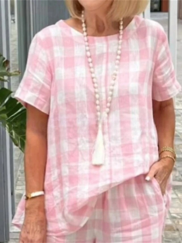 Women's Plus Size Loungewear Sets Grid / Plaid Basic Casual Comfort Home Daily Vacation Cotton Breathable Crew Neck Short Sleeve Shirt Pant Pocket Summer Spring Pink 2 Women's Plus Size Loungewear Sets Grid / Plaid Basic Casual Comfort Home Daily Vacation Cotton Breathable Crew Neck Short Sleeve Shirt Pant Pocket Summer Spring Pink - Image 2