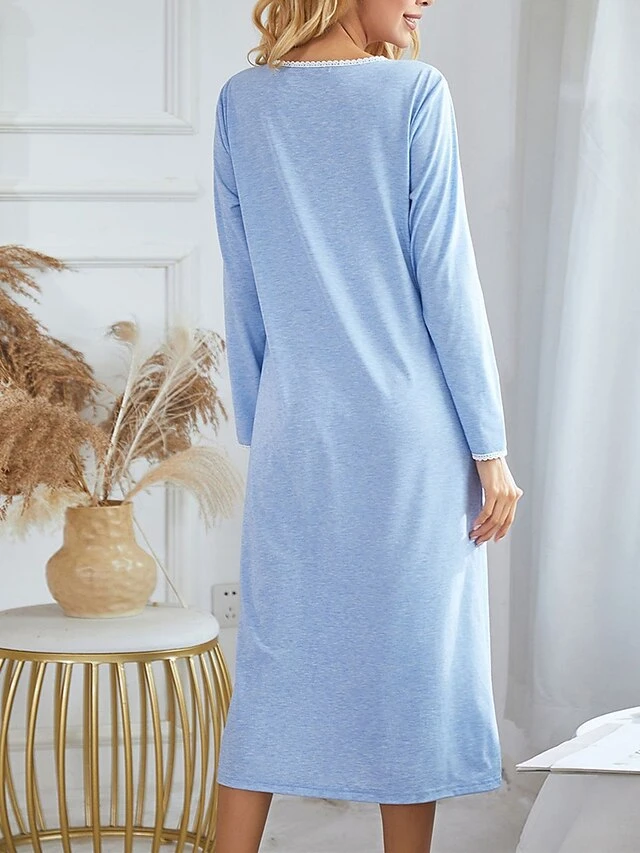 Women's Pajamas Nightgown Nightshirt Dress Pure Color Simple Casual Soft Home Daily Bed Polyester Breathable Crew Neck Long Sleeve Fall Light Blue 4 Women's Pajamas Nightgown Nightshirt Dress Pure Color Simple Casual Soft Home Daily Bed Polyester Breathable Crew Neck Long Sleeve Fall Light Blue - Image 4