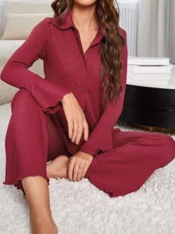 Women's Loungewear Sets Pure Color Fashion Casual Comfort Wedding Party Polyester Breathable Lapel Long Sleeve Shirt Pant Button Fall Winter Wine 8 Women's Loungewear Sets Pure Color Fashion Casual Comfort Wedding Party Polyester Breathable Lapel Long Sleeve Shirt Pant Button Fall Winter Wine -Deals The Sexy Bra Store xeecjr1692950058946