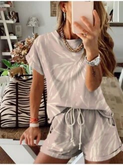 Women's Loungewear Sets Tie Dye Sport Casual Comfort Home Street Daily Cotton Breathable Crew Neck Short Sleeve T Shirt Tee Shorts Pocket Summer Spring White Yellow -Deals The Sexy Bra Store xepyuc1688103138900