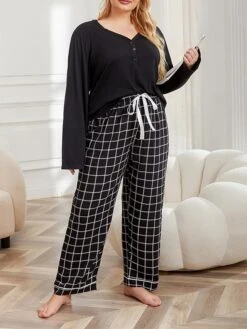 Women's Plus Size Loungewear Sets Grid / Plaid Fashion Comfort Soft Home Daily Bed Polyester Breathable V Wire Long Sleeve Pullover Pant Fall Winter 21047M-Black -Deals The Sexy Bra Store xfbhfa1693986223060