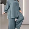 Women's Plus Size Loungewear Sets Pure Color Fashion Comfort Soft Home Daily Bed Polyester Breathable Lapel Long Sleeve Shirt Pant Button Fall Winter Blue