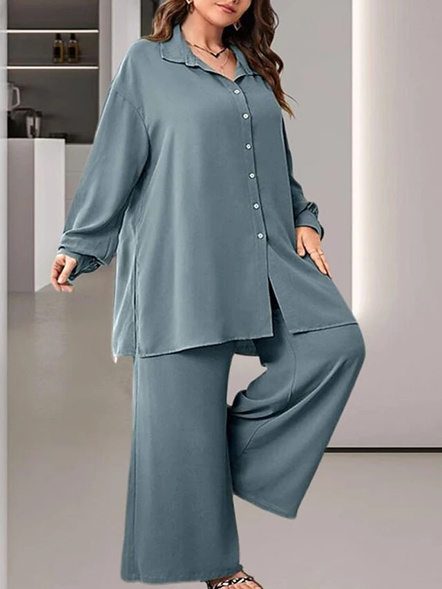 Women's Plus Size Loungewear Sets Pure Color Fashion Comfort Soft Home Daily Bed Polyester Breathable Lapel Long Sleeve Shirt Pant Button Fall Winter Blue 1 Women's Plus Size Loungewear Sets Pure Color Fashion Comfort Soft Home Daily Bed Polyester Breathable Lapel Long Sleeve Shirt Pant Button Fall Winter Blue