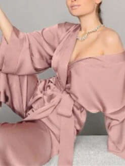 Women's Loungewear Sets 2 Pieces Pure Color Fashion Casual Comfort Street Xmas Daily Date Satin Breathable Plunging Neck Long Sleeve Pant Summer Fall Black Pink -Deals The Sexy Bra Store xfpjds1689581308164