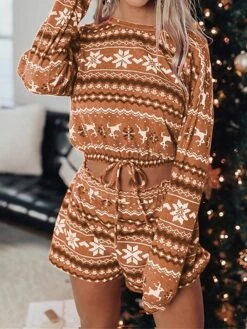 Women's Christmas Loungewear Sets Stripe Snowflake Casual Comfort Xmas Home Christmas Daily Polyester Breathable Crew Neck Long Sleeve Shorts Spring Fall Wine Red -Deals The Sexy Bra Store xfqmku1692950065365
