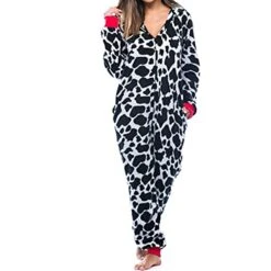 Women's Christmas Onesie Pajama Leopard Stripe Plush Casual Comfort Home Xmas Daily Bed Flannel Warm Hoodie Long Sleeve Pocket Fall Winter Black White -Deals The Sexy Bra Store xglfci1695281888579