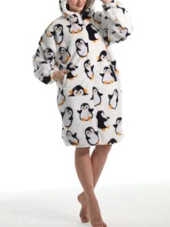 Women's Robe Penguin Plush Casual Comfort Home Daily Bed Flannel Warm Breathable Hoodie Long Sleeve Pocket Fall Winter White