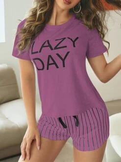 Women's Sleepwear 2 Piece Sets Letter Stripe Sport Casual Comfort Daily Going Out Gyms Polyester Breathable Crew Neck Short Sleeve T Shirt Tee Shorts Summer Spring Yellow Purple 6 Women's Sleepwear 2 Piece Sets Letter Stripe Sport Casual Comfort Daily Going Out Gyms Polyester Breathable Crew Neck Short Sleeve T Shirt Tee Shorts Summer Spring Yellow Purple -Deals The Sexy Bra Store xhojyv1689059926389