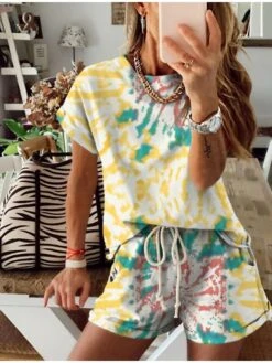 Women's Loungewear Sets Tie Dye Sport Casual Comfort Home Street Daily Cotton Breathable Crew Neck Short Sleeve T Shirt Tee Shorts Pocket Summer Spring White Yellow -Deals The Sexy Bra Store xhvtyx1688103141456