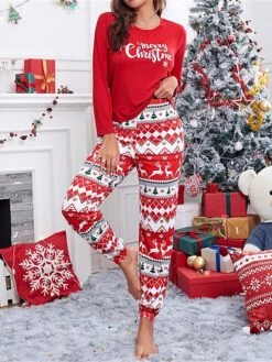 Women's Christmas Pajamas Sets Letter Elk Fashion Casual Soft Xmas Home Christmas Daily Polyester Breathable Crew Neck Long Sleeve T Shirt Tee Pant Fall Winter Red
