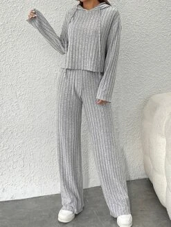 Women's Lounge Sets Ribbed Knit Hoodie And Pants Casual Comfort Home Daily Date Polyester Breathable Pullover Long Sleeve Hoodie Fall Winter Grey