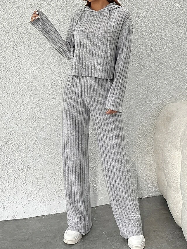Women's Lounge Sets Ribbed Knit Hoodie And Pants Casual Comfort Home Daily Date Polyester Breathable Pullover Long Sleeve Hoodie Fall Winter Grey 1 Women's Lounge Sets Ribbed Knit Hoodie And Pants Casual Comfort Home Daily Date Polyester Breathable Pullover Long Sleeve Hoodie Fall Winter Grey
