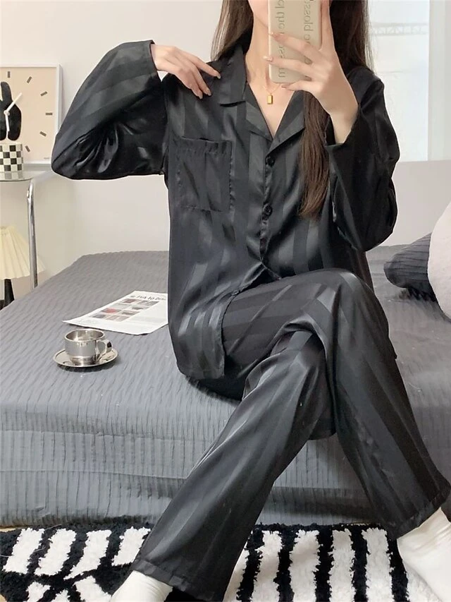 Women's Loungewear Sets 2 Pieces Stripe Fashion Casual Comfort Street Daily Date Silk Breathable Lapel Long Sleeve Pant Button Pocket Summer Fall Black White 9 Women's Loungewear Sets 2 Pieces Stripe Fashion Casual Comfort Street Daily Date Silk Breathable Lapel Long Sleeve Pant Button Pocket Summer Fall Black White - Image 9