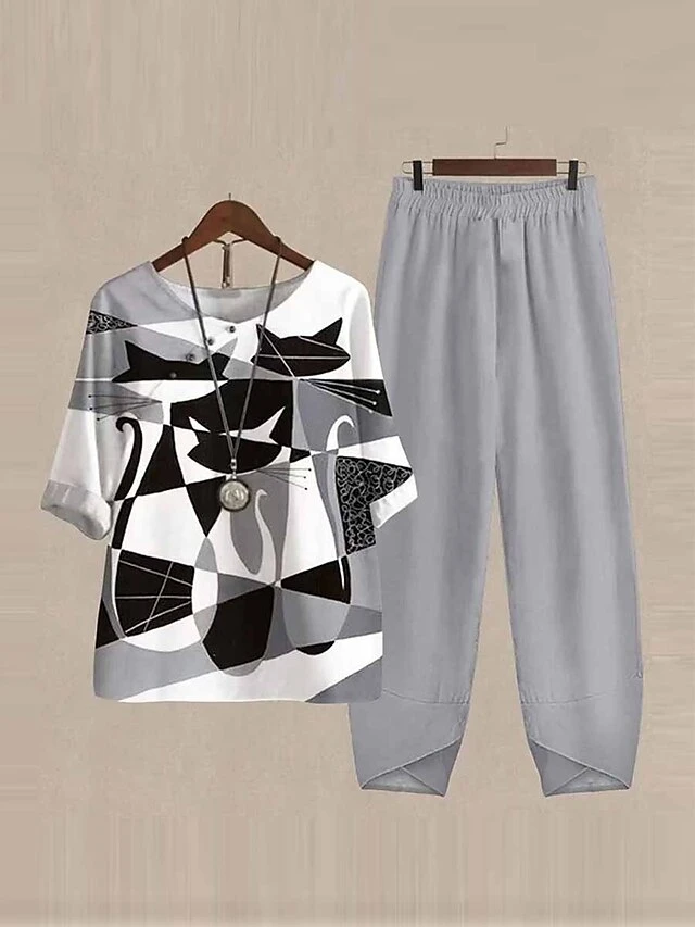 Women's 2 Piece Loungewear Sets Linen Breathable Crew Neck Half Sleeve T Shirts And Wide Leg Pants Cat Butterfly Leave Print Summer Spring Navy Blue Green S 6XL 4 Women's 2 Piece Loungewear Sets Linen Breathable Crew Neck Half Sleeve T Shirts And Wide Leg Pants Cat Butterfly Leave Print Summer Spring Navy Blue Green S 6XL - Image 4