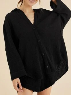 Women's Pajamas Pajama Top And Pant Sets Pure Color Simple Casual Soft Home Daily Bed Cotton Breathable Lapel Long Sleeve Shirt Shorts Button Fall Spring Black White -Deals The Sexy Bra Store xkicbh1673429697432