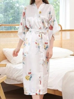 Women's Pajamas Robes Gown Bathrobes Nighty 1 PCS Flower Simple Comfort Kimono Robes Home Wedding Party Spa Satin Gift Long Sleeve Print Belt Included Spring Summer Blue Pink