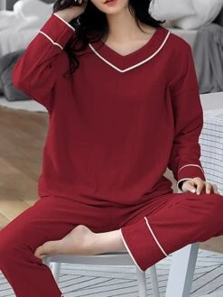 Women's Pajamas Sets Nighty Pjs 2 Pieces Pure Color Fashion Simple Comfort Home Daily Bed Cotton Breathable Gift V Wire Long Sleeve Pant Elastic Waist Fall Spring Green Blue -Deals The Sexy Bra Store xlkjjj1640598855757