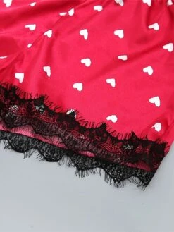Women's Satin Heart Print Lace PJ Sets 3 Pcs Bathrobe Cami Top And Bow Tie Front Shorts Casual Comfort Soft Home Daily Bed Polyester Breathable Summer Fall White Wine -Deals The Sexy Bra Store xlzeca1688111258395