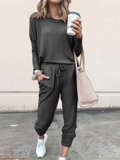 Women's Lounge Sets Crew Neck Long Sleeve Shirt And Elastic Waist Pants With Pockets Pure Color Fashion Casual Soft Home Daily Bed Polyester Breathable Summer Autumn Black Pink -Deals The Sexy Bra Store xofmpj1688111260377