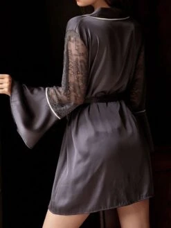 Women's Satin Silk Lace Robe Pajamas Nightgown Nightshirt Dress Pure Color Simple Casual Comfort Home Daily Bed Satin Breathable V Wire Long Sleeve Belt Included Fall Winter Black White -Deals The Sexy Bra Store xojnfo1697170321204