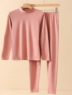 Women's Delong Thermal Underwear Pure Color Simple Casual Comfort Home Daily Going Out Polyester Warm Stand Collar Long Sleeve Pant Elastic Waist Fall Winter Light Pink Pink