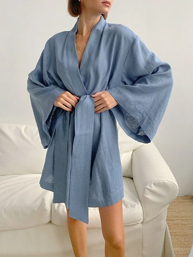 Women's Pajamas Bathrobe Robes Gown Pure Color Simple Casual Comfort Home Daily Bed Cotton And Linen Breathable V Wire Long Sleeve Fall Royal Blue Blue 8 Women's Pajamas Bathrobe Robes Gown Pure Color Simple Casual Comfort Home Daily Bed Cotton And Linen Breathable V Wire Long Sleeve Fall Royal Blue Blue - Image 8