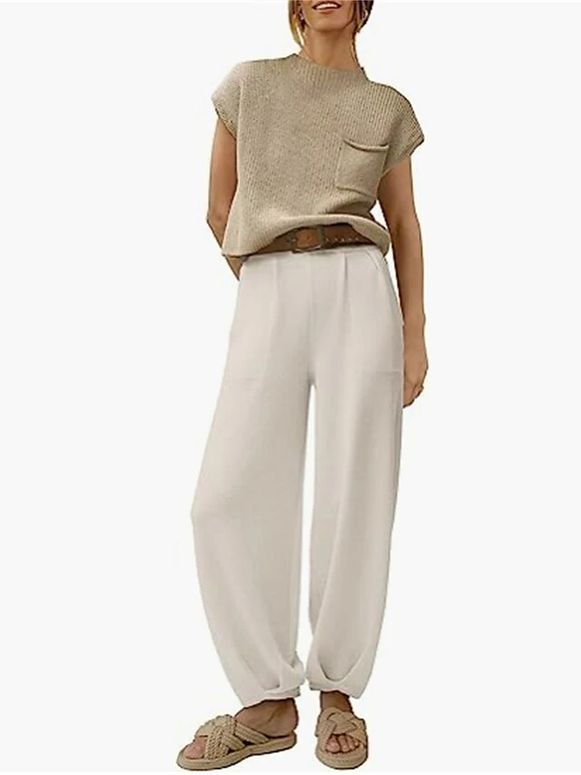 Women's Knit Lounge Sets Top And High Waisted Pants Pure Color Casual Comfort Soft Home Street Daily Polyester Breathable Stand Collar Short Sleeve Sweater Pant Pocket Summer Fall Black Brown 3 Women's Knit Lounge Sets Top And High Waisted Pants Pure Color Casual Comfort Soft Home Street Daily Polyester Breathable Stand Collar Short Sleeve Sweater Pant Pocket Summer Fall Black Brown - Image 3