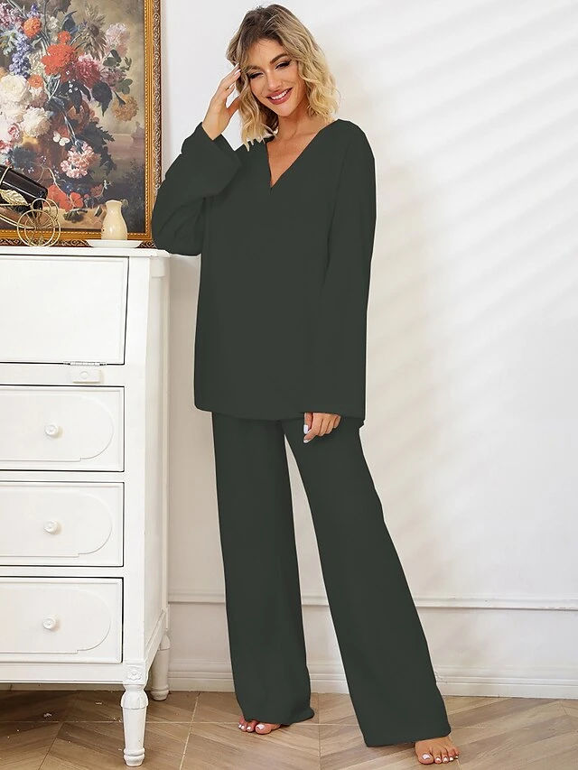 Women's Pajamas Sets Pure Color Fashion Casual Soft Home Daily Bed Polyester Breathable V Wire Long Sleeve Pant Summer Fall Black White 9 Women's Pajamas Sets Pure Color Fashion Casual Soft Home Daily Bed Polyester Breathable V Wire Long Sleeve Pant Summer Fall Black White - Image 9