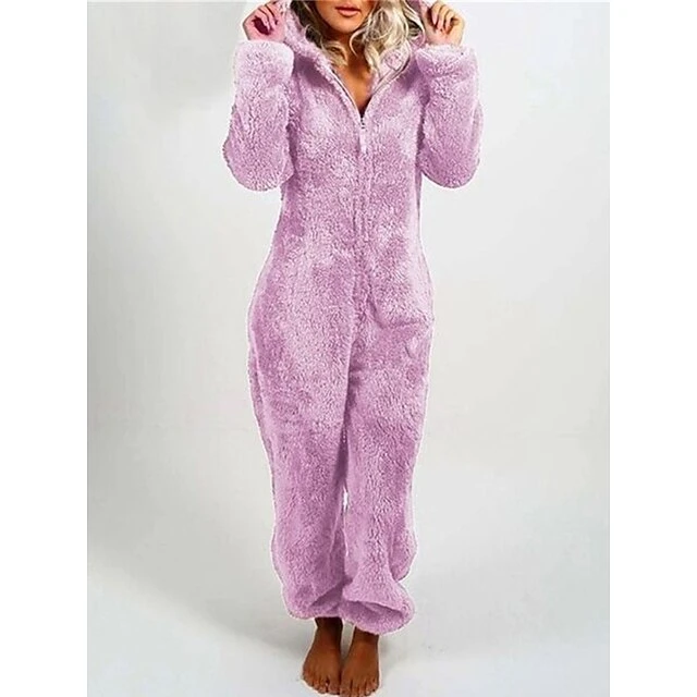 Women's Onesie Pajama For Adult Pure Color Warm Fashion Plush Home Daily BedWarm Hoodie Long Sleeve Fall Winter Wine Purple 3 Women's Onesie Pajama For Adult Pure Color Warm Fashion Plush Home Daily BedWarm Hoodie Long Sleeve Fall Winter Wine Purple - Image 3