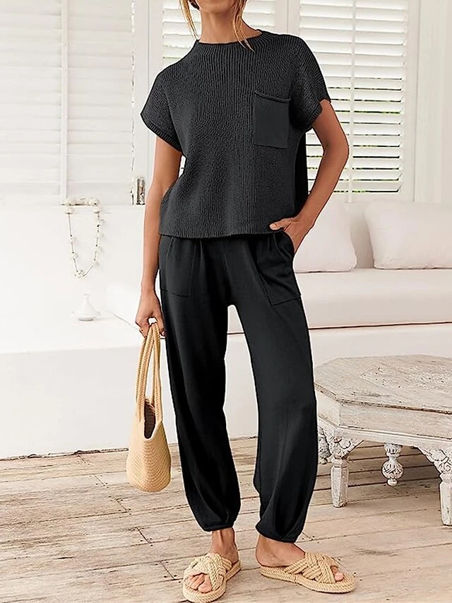 Women's Knit Lounge Sets Top And High Waisted Pants Pure Color Casual Comfort Soft Home Street Daily Polyester Breathable Stand Collar Short Sleeve Sweater Pant Pocket Summer Fall Black Brown 13 Women's Knit Lounge Sets Top And High Waisted Pants Pure Color Casual Comfort Soft Home Street Daily Polyester Breathable Stand Collar Short Sleeve Sweater Pant Pocket Summer Fall Black Brown - Image 13