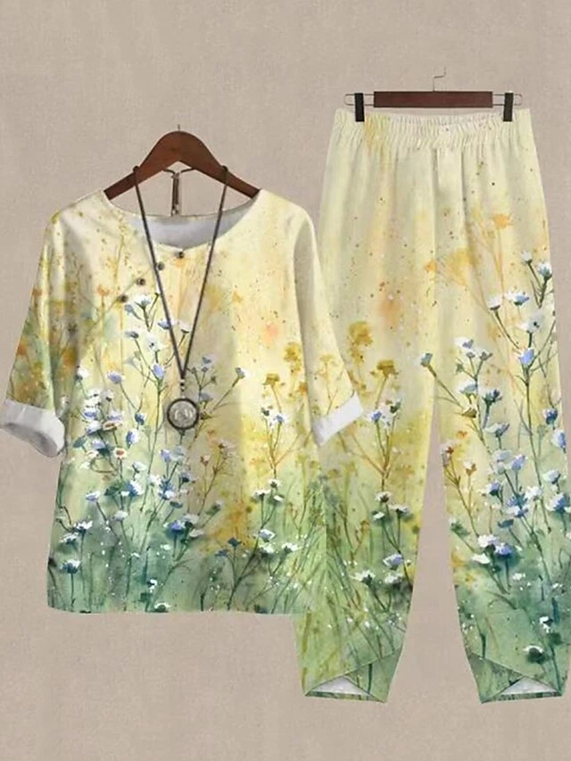 Women's 2 Piece Loungewear Sets Top And Pant Sets Flower Fashion Casual Soft Home Daily Bed Polyester Breathable Crew Neck Half Sleeve T Shirt Tee Pant Summer Spring Yellow 1 Women's 2 Piece Loungewear Sets Top And Pant Sets Flower Fashion Casual Soft Home Daily Bed Polyester Breathable Crew Neck Half Sleeve T Shirt Tee Pant Summer Spring Yellow